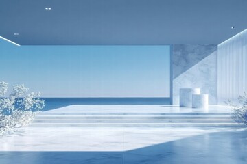 A serene, modern interior space with ocean views and minimalist design elements.