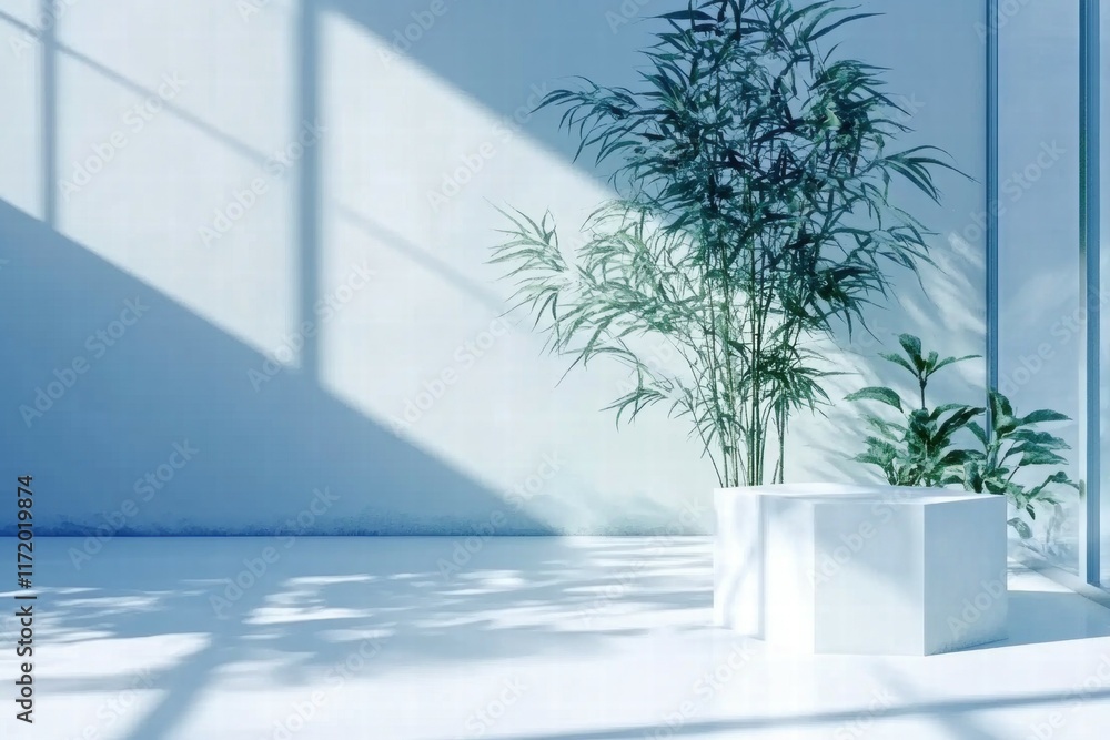 Poster A serene indoor space featuring plants and soft light creating a tranquil atmosphere.