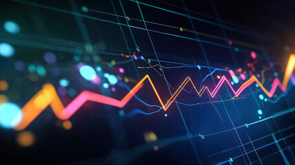 Fototapeta premium A dynamic, polygonal area chart with shimmering edges, flowing with a gradient of neon colors, creating an exciting contrast against a dark high-tech background for a futuristic data visualization.