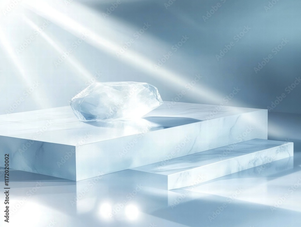Poster a minimalist scene featuring a crystal-like object on a sleek marble platform with soft lighting.