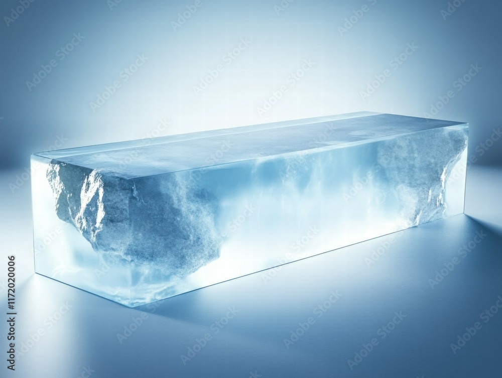 Poster A large, clear ice block with a rugged surface, illuminated by soft light.