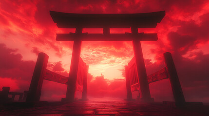 Majestic torii gate silhouetted against a vibrant red sky at sunset