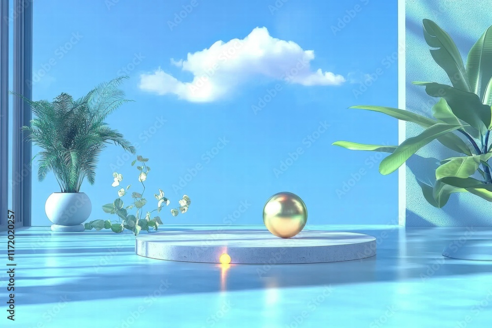 Poster a serene, minimalist scene featuring a reflective orb on a platform with plants and clouds.