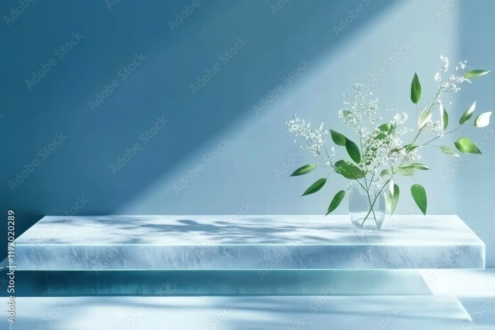 Poster a minimalist arrangement featuring a clear vase with delicate foliage on a sleek surface.