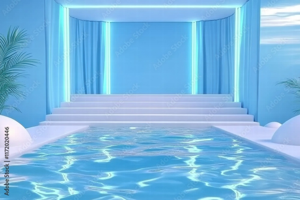Poster a serene pool area with blue lighting and steps, creating a tranquil atmosphere.