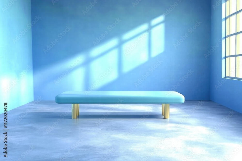 Poster a minimalist blue room featuring a simple bench and natural light from a window.