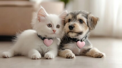 Obraz premium A kitten and a puppy wearing matching heart-shaped collars