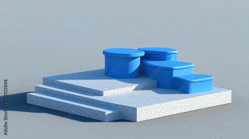 Poster a minimalist 3d design featuring blue geometric shapes on a textured platform.