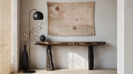 Generative AI, Minimalist interior featuring a rough-hewn oak console table and abstract floral tapestry