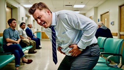 Obraz premium Man Enduring Severe Pain in a Hospital Waiting Room