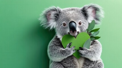 A koala hugging a heart-shaped eucalyptus leaf