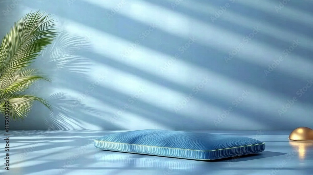 Poster a serene blue cushion on a floor with soft shadows and a palm leaf, creating a tranquil atmosphere.