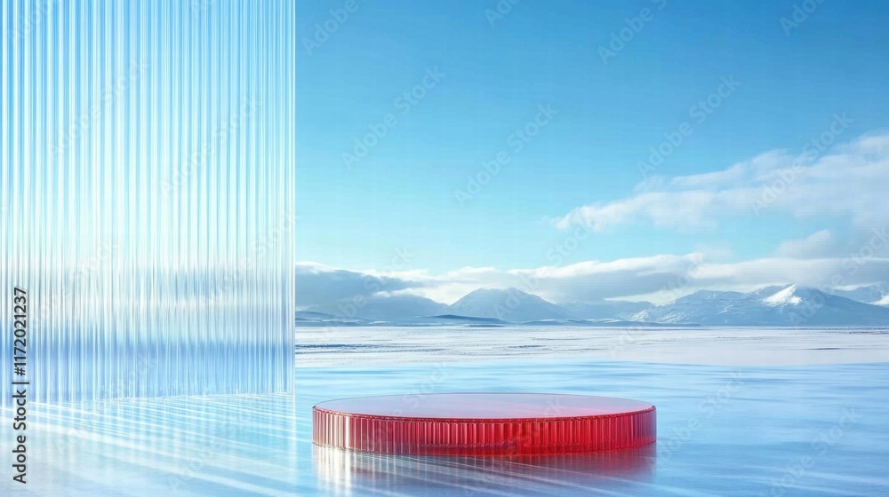 Poster a serene landscape featuring a red circular platform and vertical transparent panels against a blue 