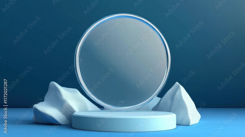 Aufkleber a minimalist display featuring a circular mirror surrounded by abstract shapes on a blue background.
