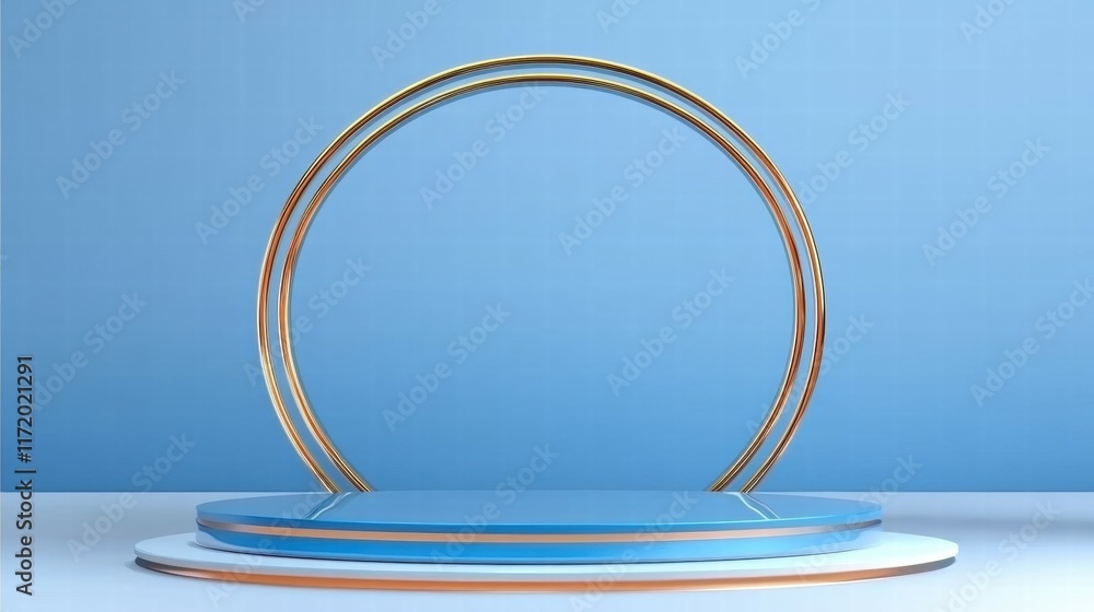 Poster A minimalist display stage with circular elements against a blue backdrop.