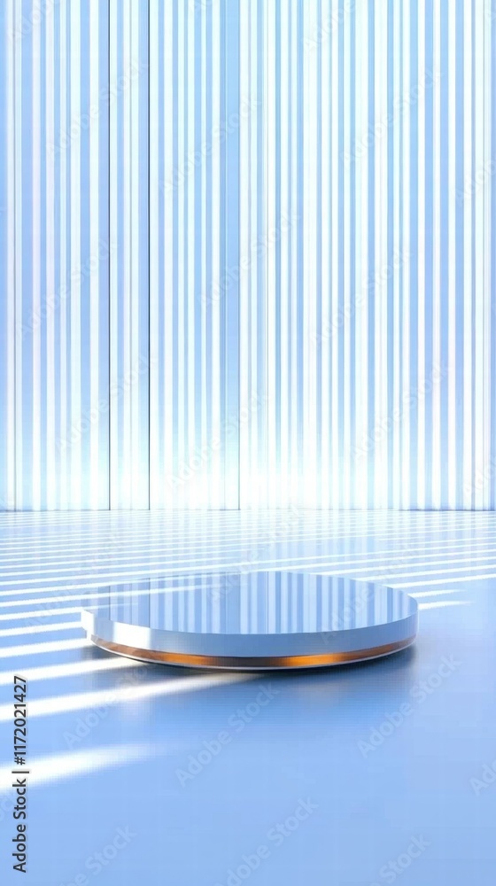 Poster A minimalist display stage with soft lighting and vertical stripes in the background.