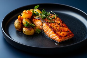 Salmon Fillet with Herb Crust and Potatoes on Black Plate. Artistic Gourmet Salmon Fillet.