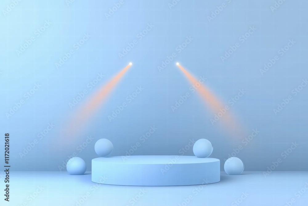 Poster A minimalist stage with soft lighting and spherical objects, ideal for presentations or performances.
