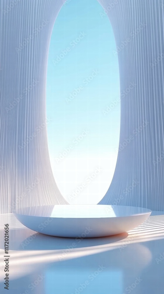 Aufkleber a serene, minimalistic space with a large oval window and a shallow bowl.