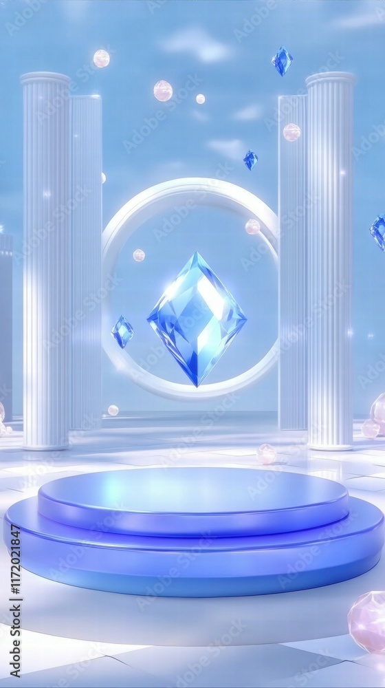 Poster a serene, futuristic platform with a floating blue gem, surrounded by soft lighting and decor.