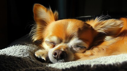 A sleeping Chihuahua basking in sunlight, showcasing its peaceful demeanor.