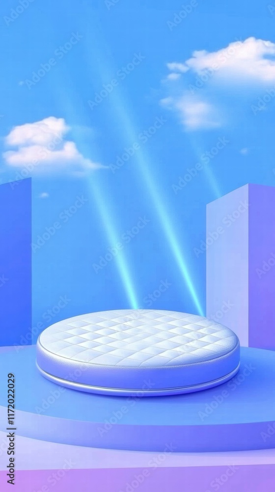 Poster a minimalistic stage with a round platform under blue skies and beams of light.