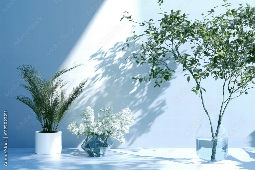 Poster A serene arrangement of plants in a minimalist setting with soft lighting and shadows.