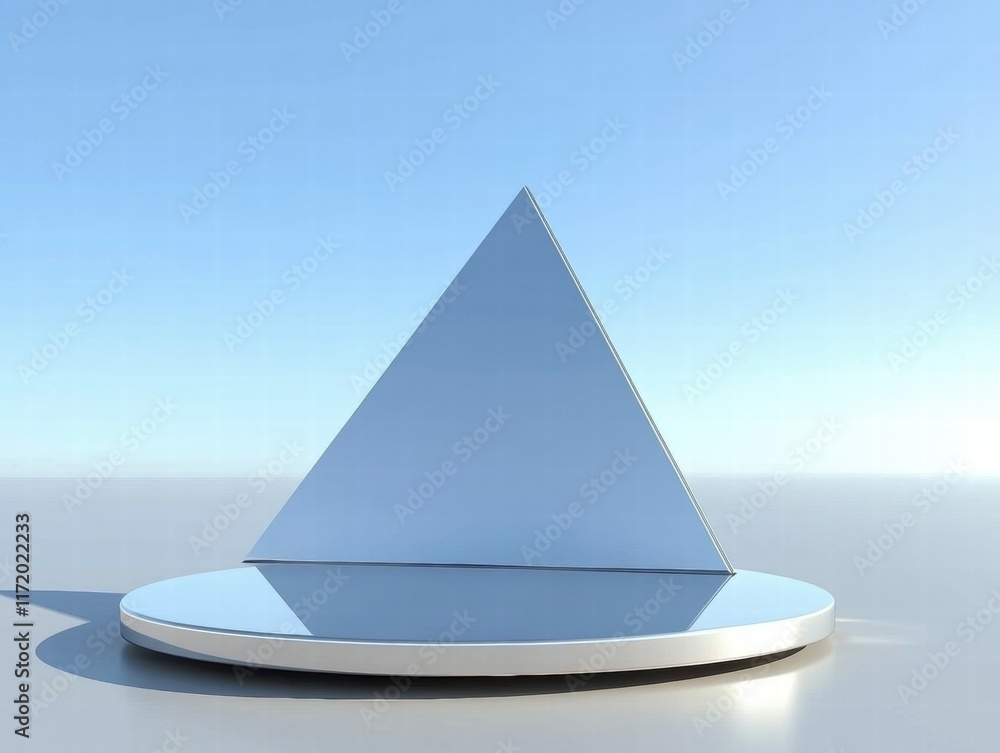 Poster A reflective triangular prism on a circular base against a clear blue sky.