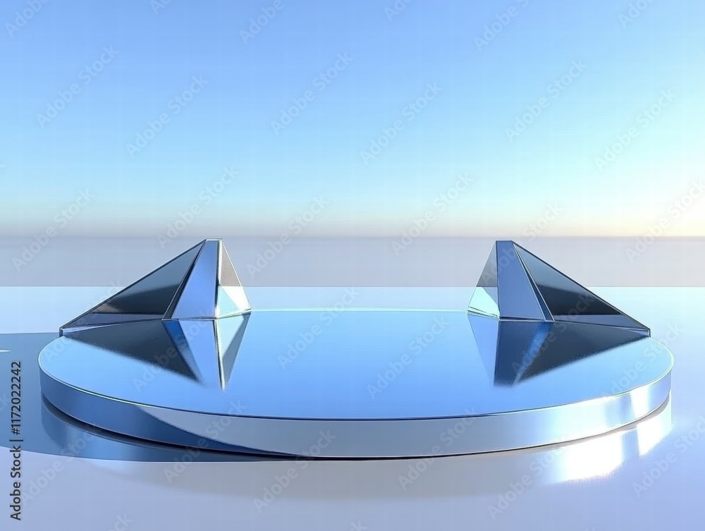 Poster a futuristic, reflective platform with two geometric shapes on a serene background.