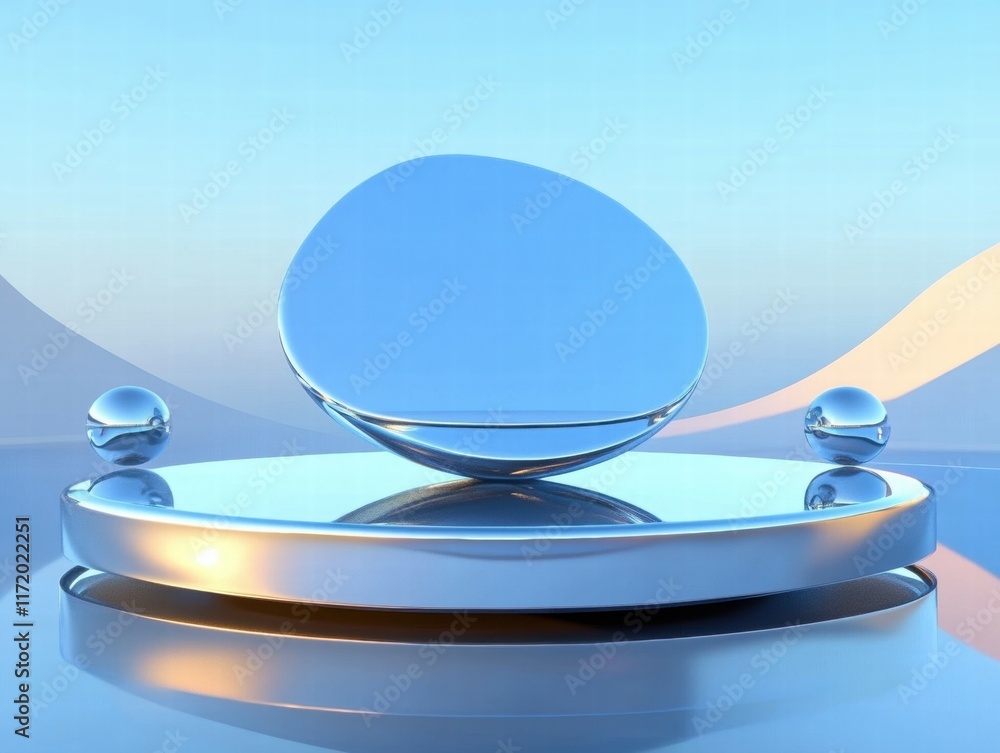 Aufkleber a minimalist 3d composition featuring reflective shapes on a serene background.