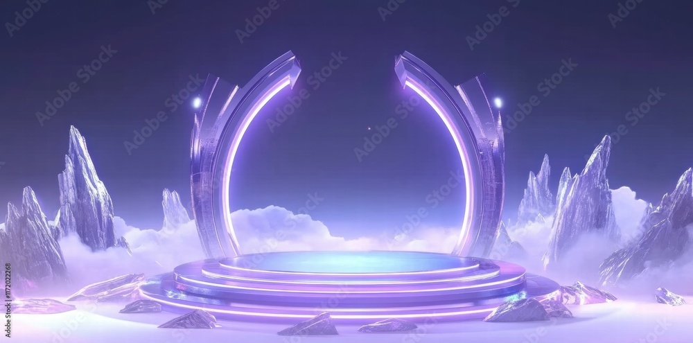 Poster A futuristic stage set in a mystical environment with glowing elements and mountains.