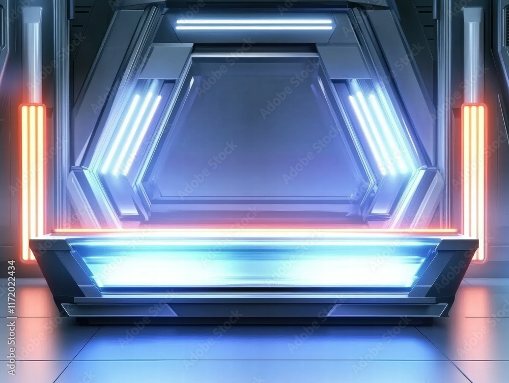 Poster a futuristic, illuminated display area with sleek lines and vibrant lighting.