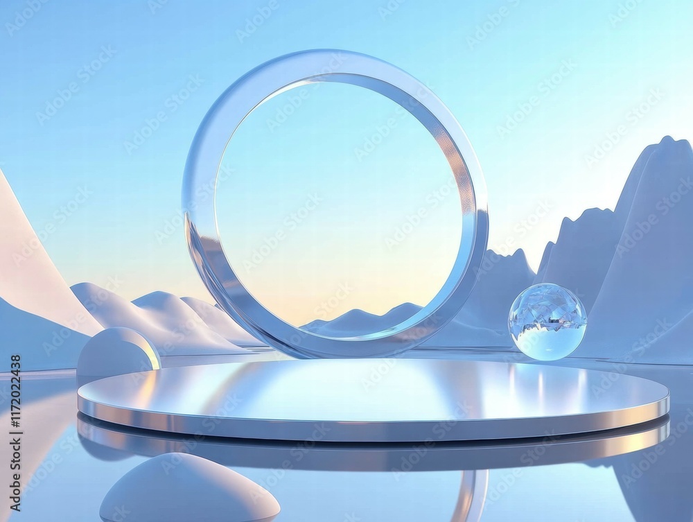 Poster a serene, abstract landscape featuring a circular structure and a reflective sphere.