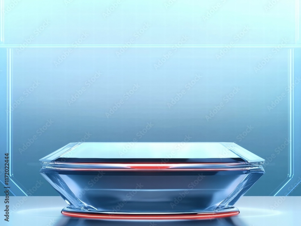 Poster a sleek, modern display platform with a glass-like appearance and subtle lighting.