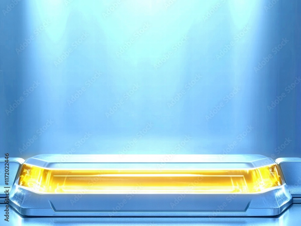 Poster a futuristic illuminated platform with a glowing yellow section against a blue backdrop.