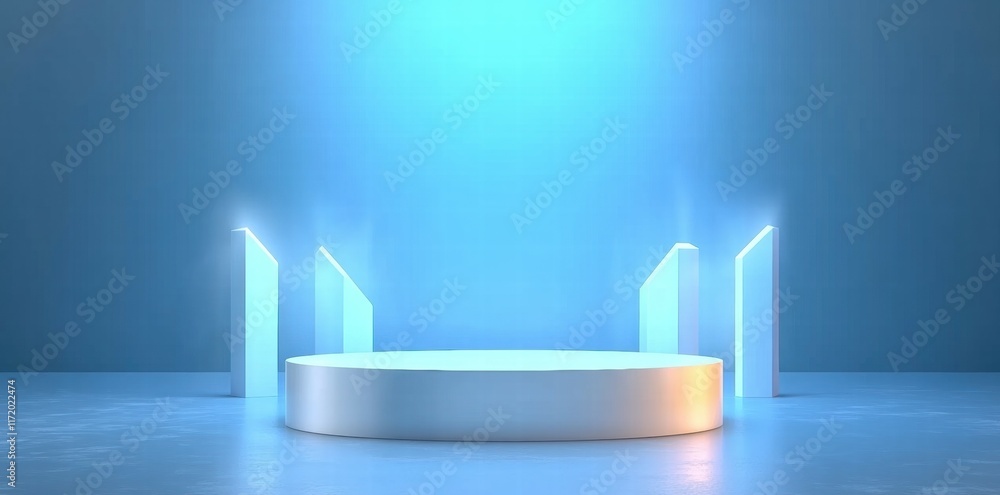 Poster a circular stage illuminated by soft blue lighting, creating a futuristic atmosphere.