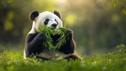 Fototapeta premium A panda sitting in a field with a heart-shaped bamboo arrangement