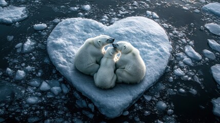 Obraz premium A polar bear family sitting on a glowing heart-shaped ice patch
