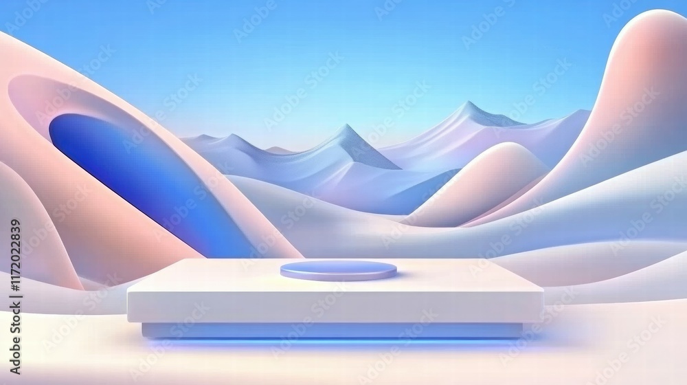 Poster a serene digital landscape with smooth, abstract mountains and a minimalist platform.