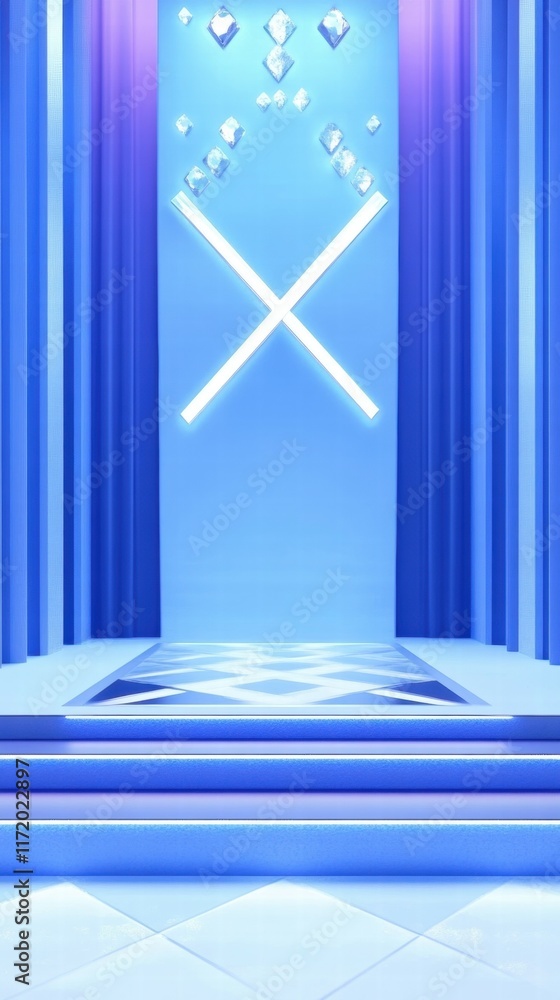 Poster a modern stage design with blue lighting and geometric patterns, ideal for performances.
