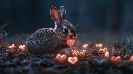 A rabbit surrounded by glowing heart-shaped decorations in a meadow
