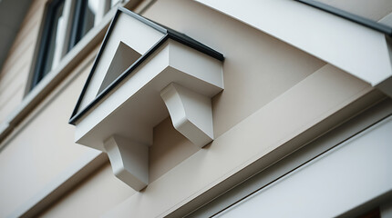 Obraz premium Exterior House Detail: White Triangular Window Box with Brackets