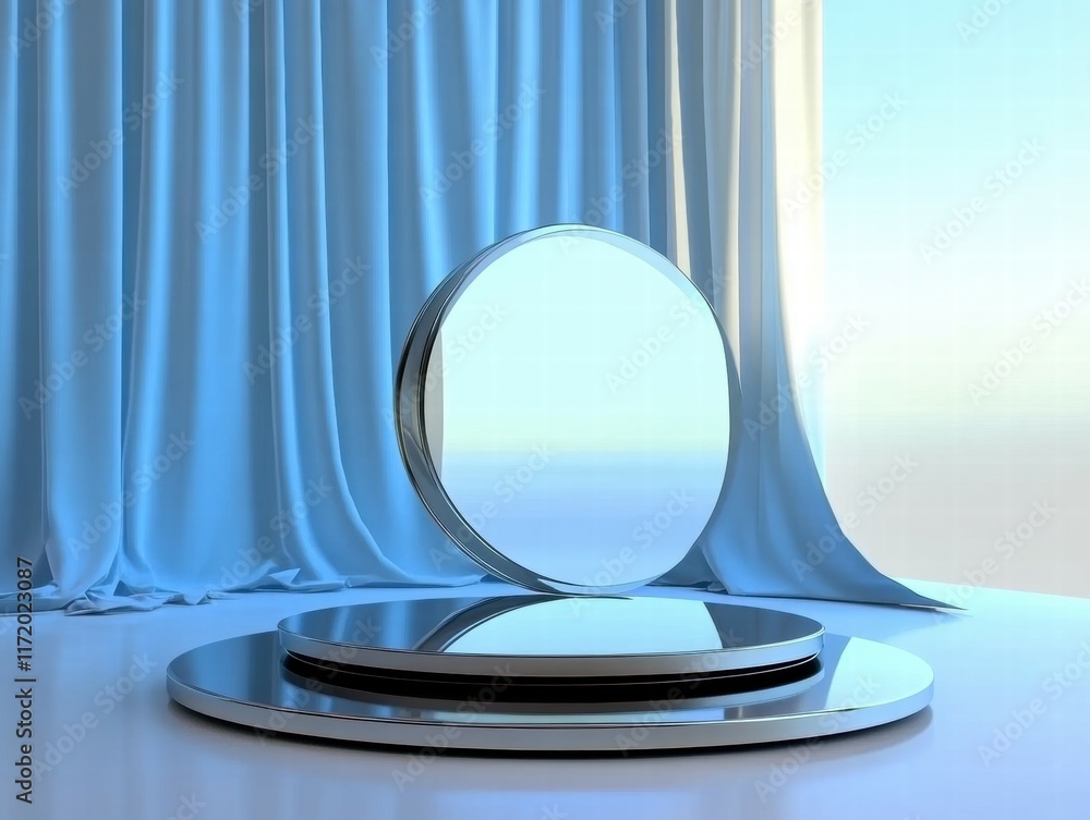 Aufkleber a minimalist display featuring a circular mirror on a sleek platform with soft blue drapery.