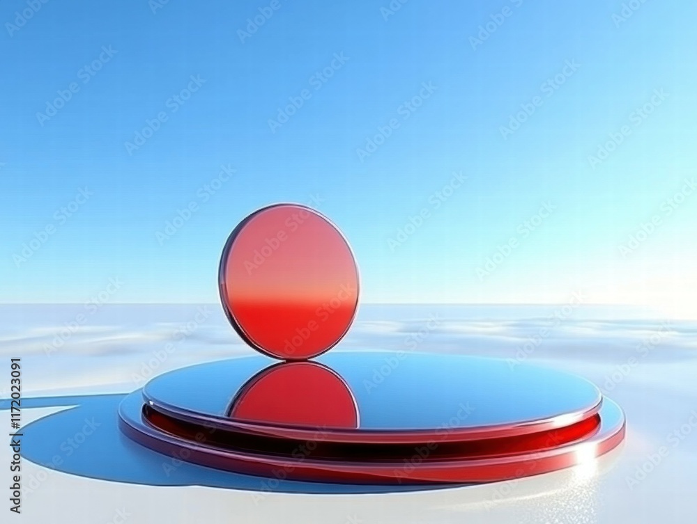 Poster a minimalistic red circular design on a reflective surface against a clear blue sky.