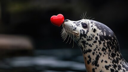 Fototapeta premium A seal balancing a heart-shaped ball on its nose in a playful setting