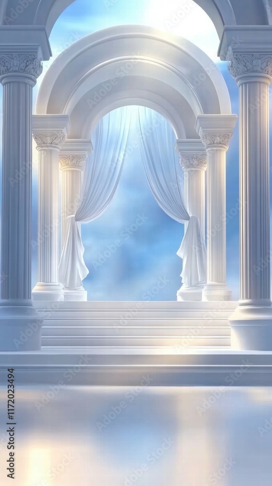 Aufkleber Ethereal scene with columns and draped curtains, evoking a serene and mystical atmosphere.