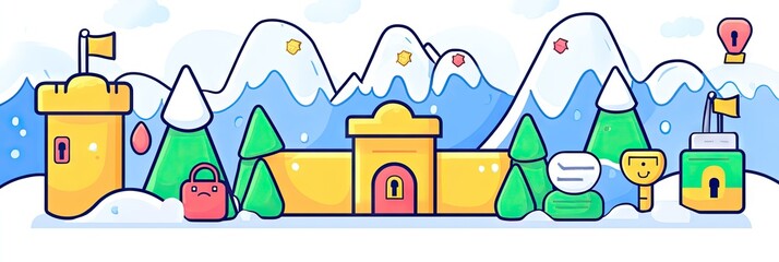 A colorful, cartoon-style landscape featuring mountains, trees, and a castle-like structure.