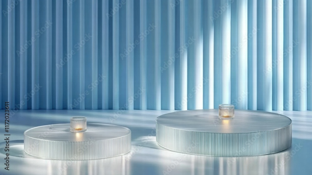Poster A serene setting featuring circular glass tables with candles against a soft blue backdrop.