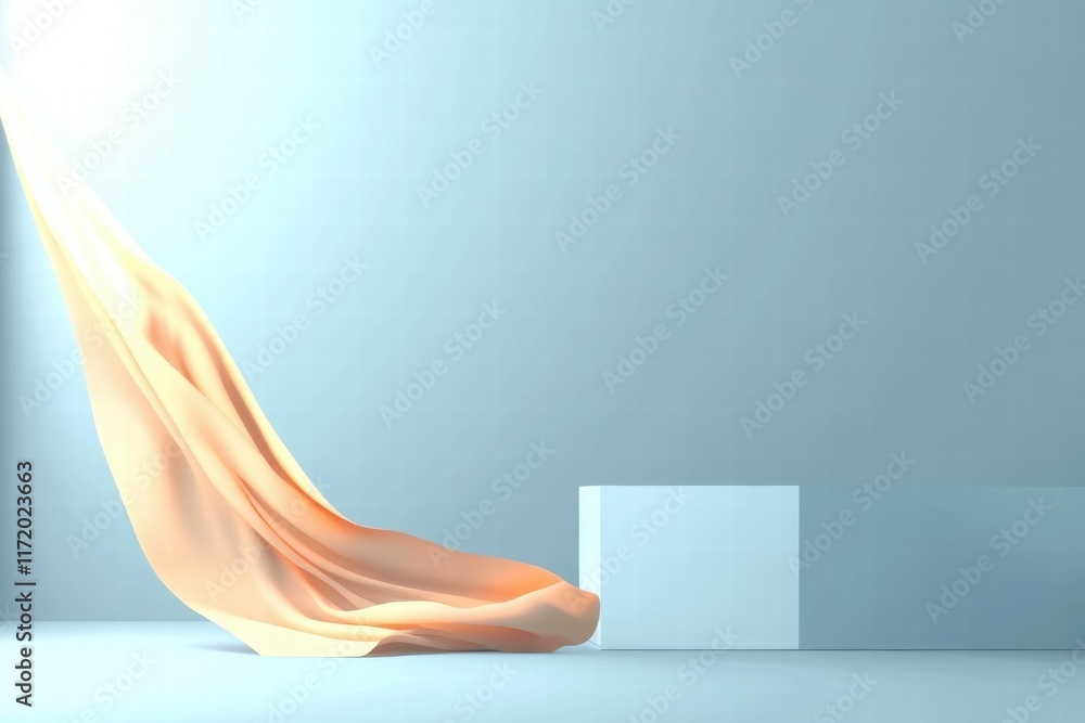 Poster a soft fabric drapes elegantly beside a geometric block in a serene, minimalist space.