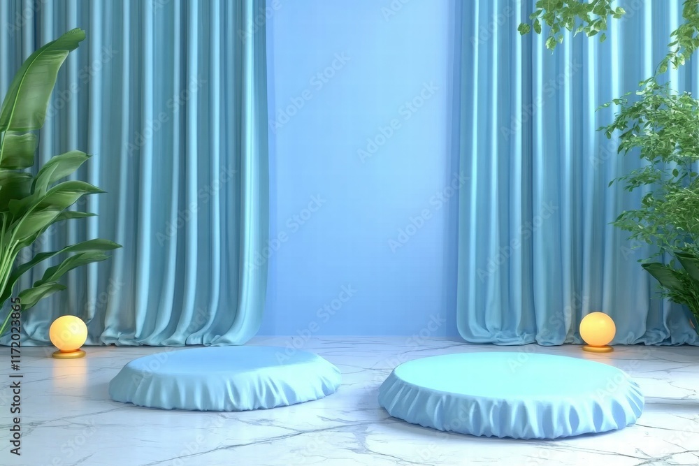 Poster a serene blue setting with circular cushions and soft lighting, ideal for relaxation or meditation.